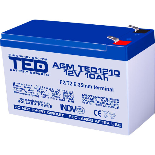 Acumulator stationar 12V 10Ah F2 AGM VRLA TED Electric TED1210