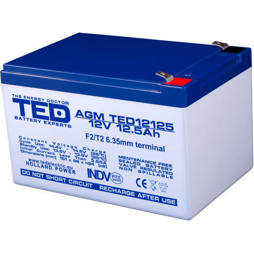 Acumulator stationar 12V 12,5Ah F2 AGM VRLA TED Electric TED12125 Acumulator stationar 12V 12,5Ah F2 AGM VRLA TED Electric TED12125