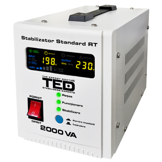 Stabilizator tensiune 2000VA 1200W 230V cu 2 iesiri Schuko si sinusoidala pura + ecran LCD cu valorile tensiunii, TED Electric TED000125