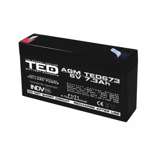Acumulator stationar 6V 7,3Ah F1 AGM VRLA TED Electric TED673