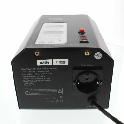 Stabilizator automat de tensiune cu servo motor montabil pe perete, 1000VA/600W, negru, Well