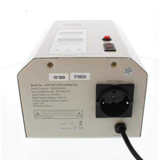 Stabilizator automat de tensiune cu servo motor montabil pe perete, 1000VA/600W, alb, Well