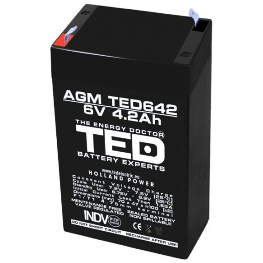 Acumulator 6V 4.2Ah F1, AGM VRLA, TED Acumulator 6V 4.2Ah F1, AGM VRLA, TED