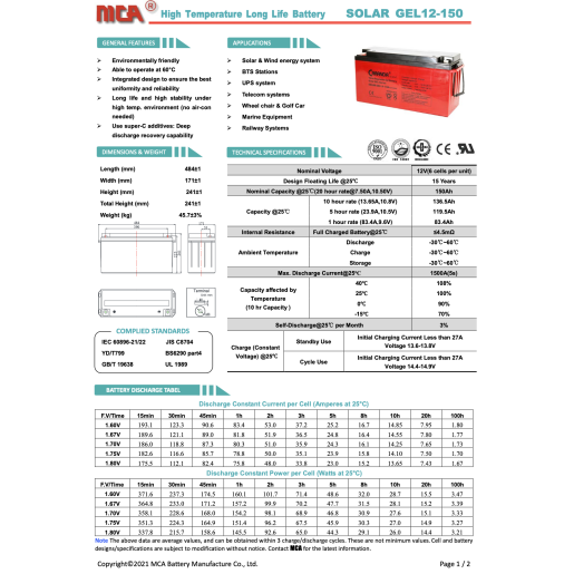 Baterie MCA Solar Gel 12V 150Ah