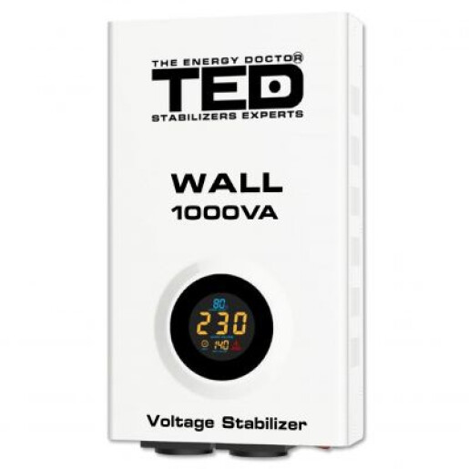 Stabilizator tensiune 1000VA 600W 230V cu 2 iesiri Schuko si sinusoidala pura + ecran LCD si cleme prindere in perete, TED Electric TED000057