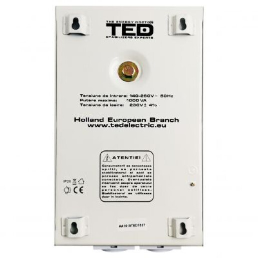 Stabilizator tensiune 1000VA 600W 230V cu 2 iesiri Schuko si sinusoidala pura + ecran LCD si cleme prindere in perete, TED Electric TED000057