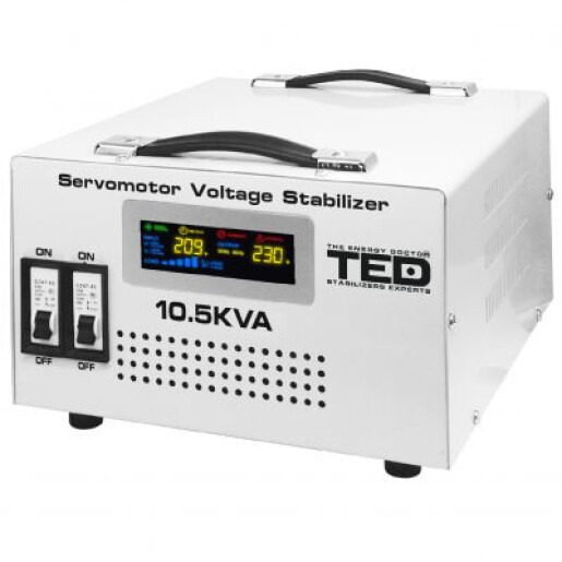Stabilizator tensiune monofazat 10.5KVA 6KW 6000W cu ServoMotor si 2 iesiri Schuko + ecran LCD cu valorile tensiunii, TED Electric TED000033