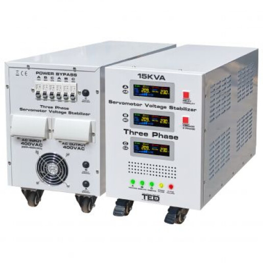 Stabilizator trifazat 15KVA 12KW cu ServoMotor si sinusoidala pura + ecran LCD cu valorile tensiunii, TED Electric TED000101
