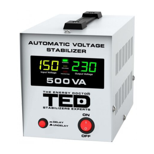 Stabilizator tensiune 500VA 300W 230V cu 2 iesiri Schuko si sinusoidala pura + ecran LCD cu valorile tensiunii, TED Electric TED000194