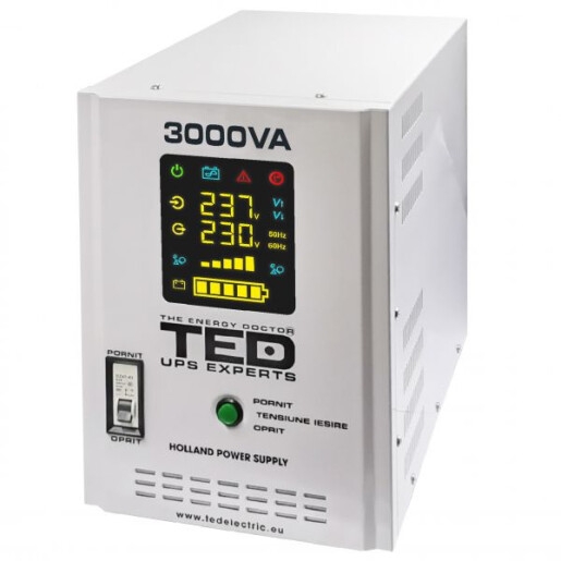 UPS Pentru Centrala, Sursa Curent Centrala 3000VA 2100W cu Ecran LCD si Sinusoidala Pura, Utilizeaza 2x Baterie 12V, Ted Electric TED001672