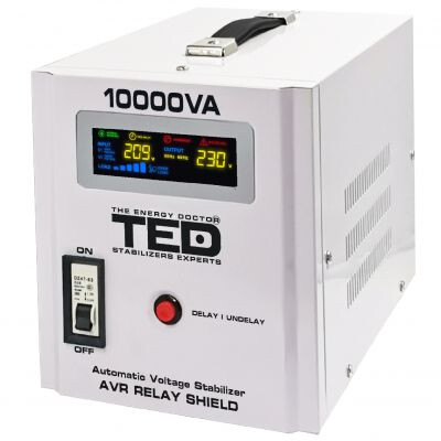 Stabilizator tensiune 10KVA 6000W 230V cu 2 iesiri Schuko si sinusoidala pura + ecran LCD cu valorile tensiunii, TED Electric TED000071