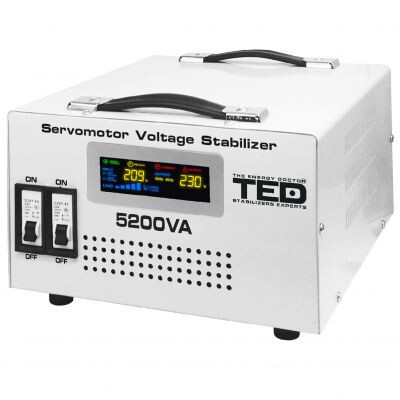 Stabilizator tensiune monofazat 5200VA 3KW 3000W cu ServoMotor si 2 iesiri Schuko + ecran LCD cu valorile tensiunii, TED Electric TED000200